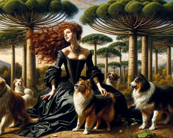 Woman in black gown with dogs among unique trees