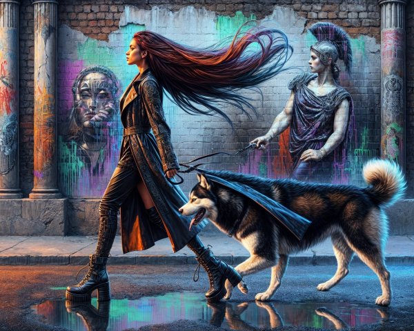 Young Woman Walking Husky in Urban Graffiti Scene