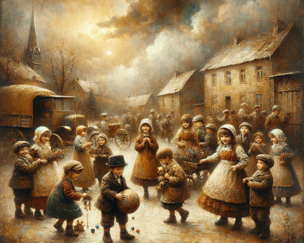 Lively Village Scene with Children Playing in Sepia