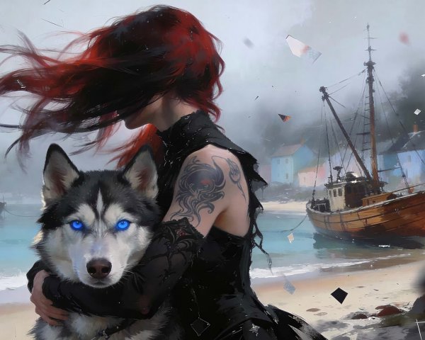 Digital painting of a woman with red hair and husky dog