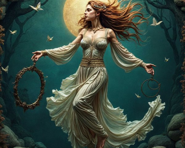 Mystical Figure Dancing Under a Full Moon in Forest
