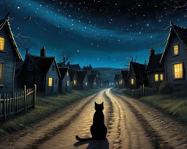 Moonlit Village Scene with Black Cat and Starry Sky