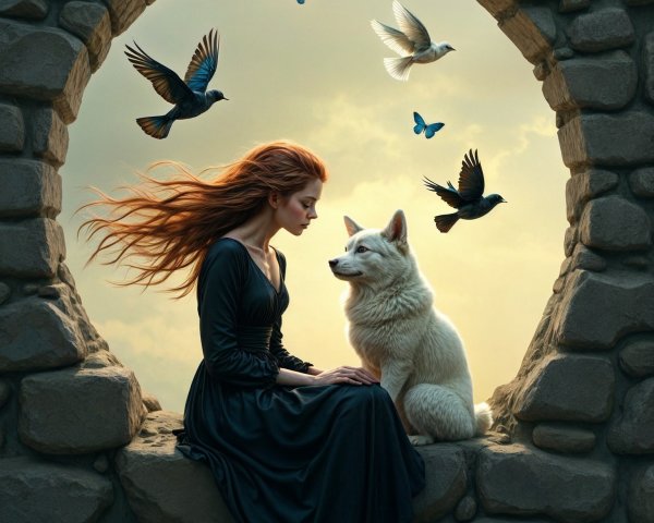 Woman with Red Hair and White Wolf in Magical Setting
