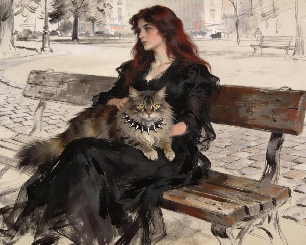 Digital painting of a woman with red hair in a park