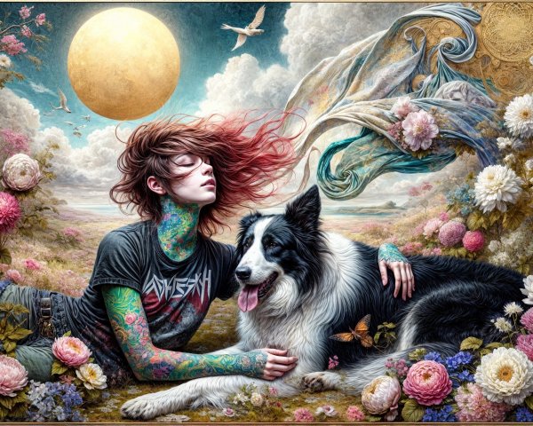 Dreamy Landscape with Woman, Dog, and Flowers
