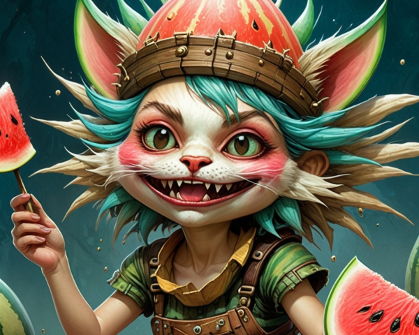 Whimsical Feline Character in Watermelon Garden Scene