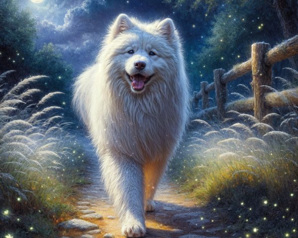 Samoyed Dog on Stone Path in Moonlit Setting