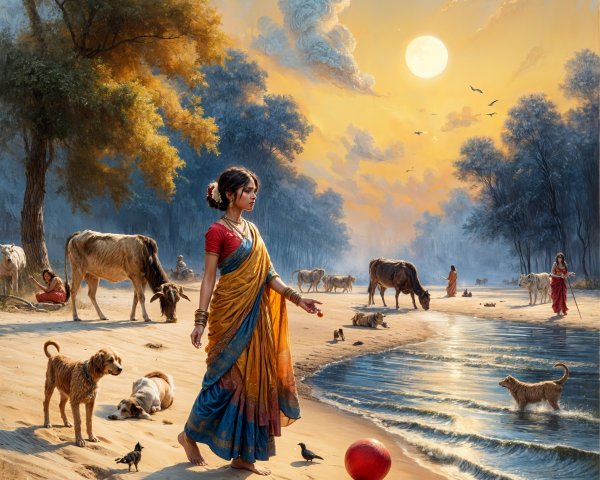 Serene Rural Scene with Girl by River at Dusk