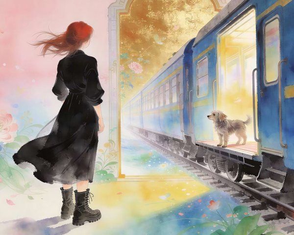 Watercolor Painting of a Woman by a Blue Train