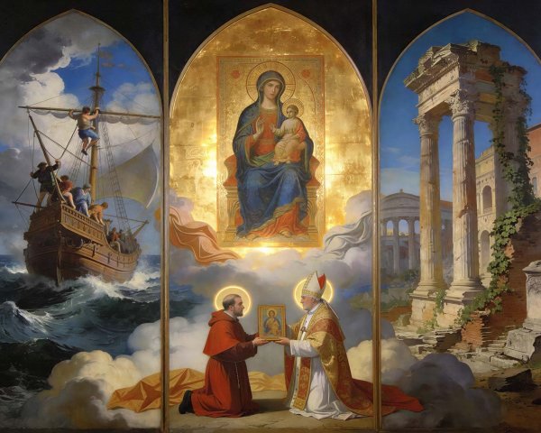 Triptych Painting with Stormy Sea and Religious Imagery