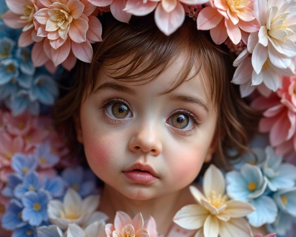 Close-up of a child's face with pastel flowers