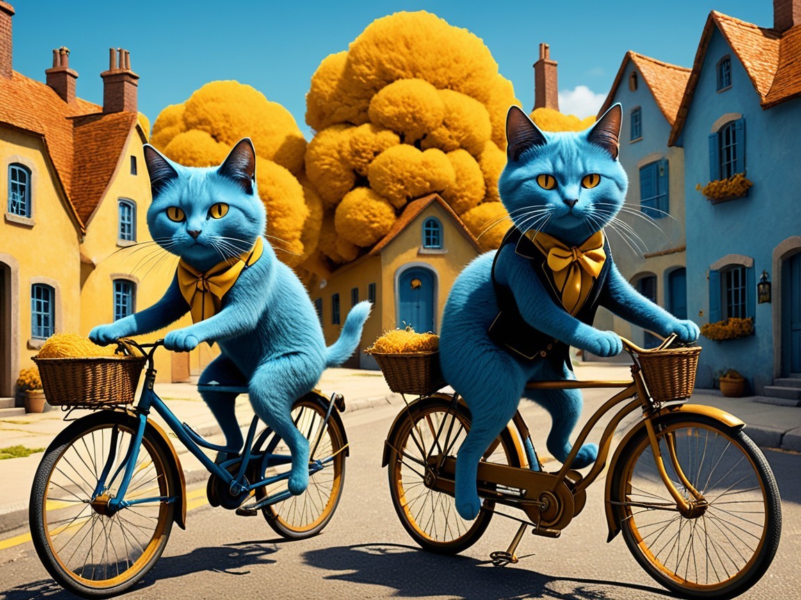 Whimsical Village with Blue Cats on Bicycles