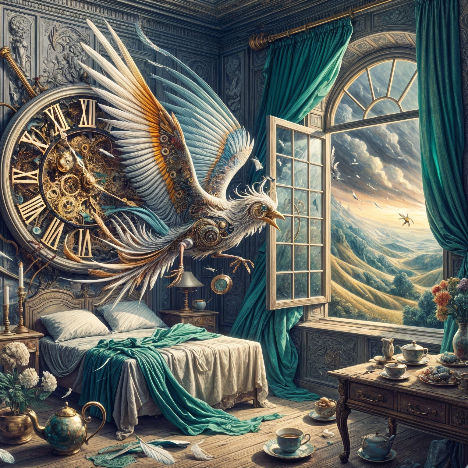 Fantastical Room with Majestic Bird and Elegant Decor