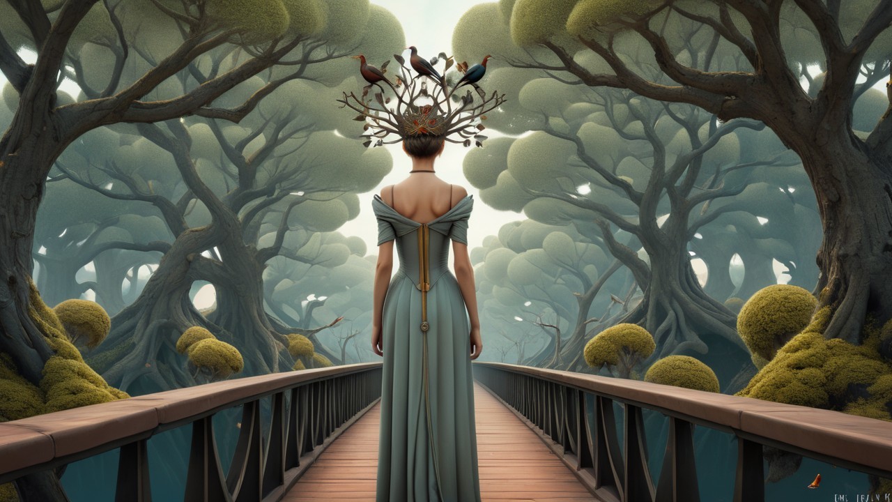 Serene Figure on Wooden Bridge in Enchanting Forest