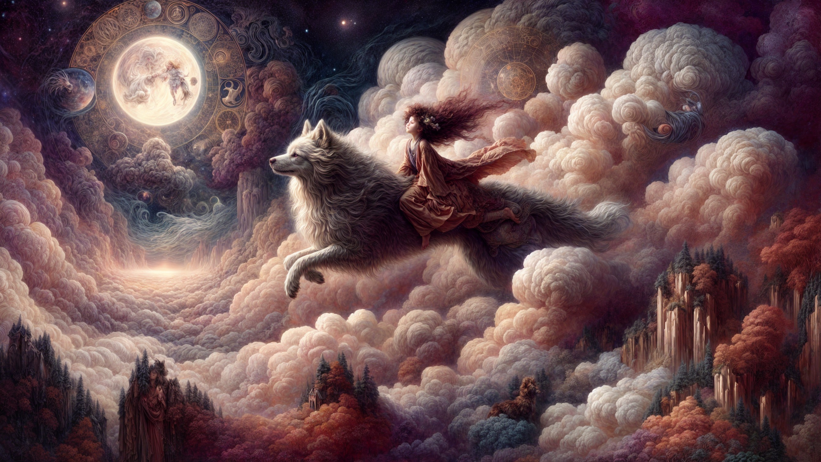 Woman on White Wolf in Dreamlike Landscape