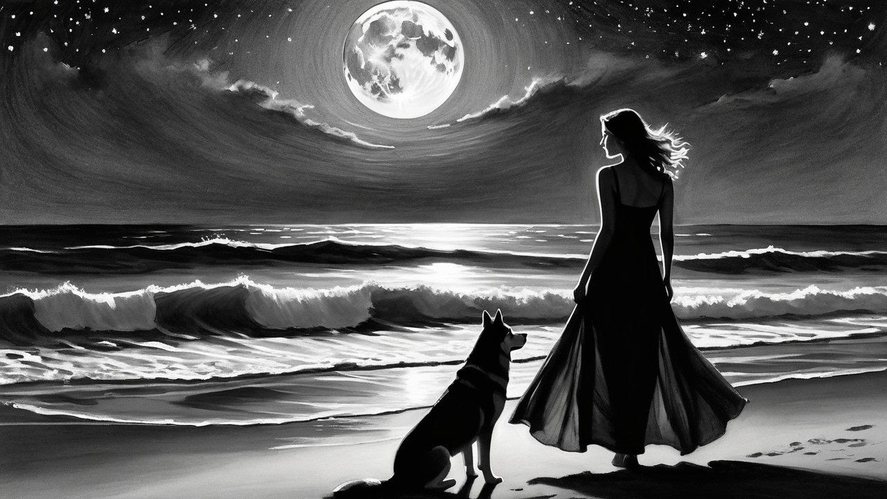 Silhouette of Woman and Dog by Moonlit Beach
