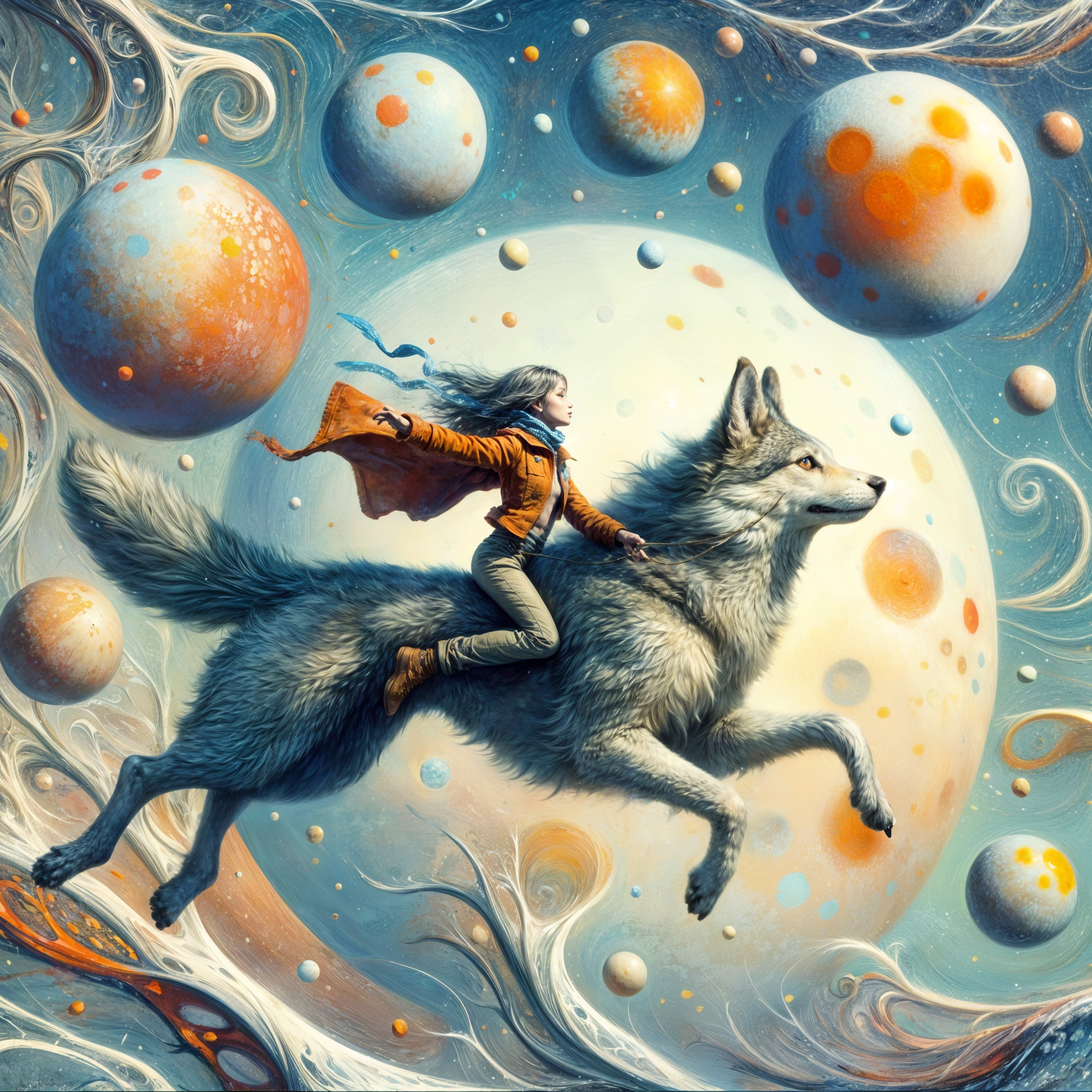 Young girl in orange cape riding wolf in space