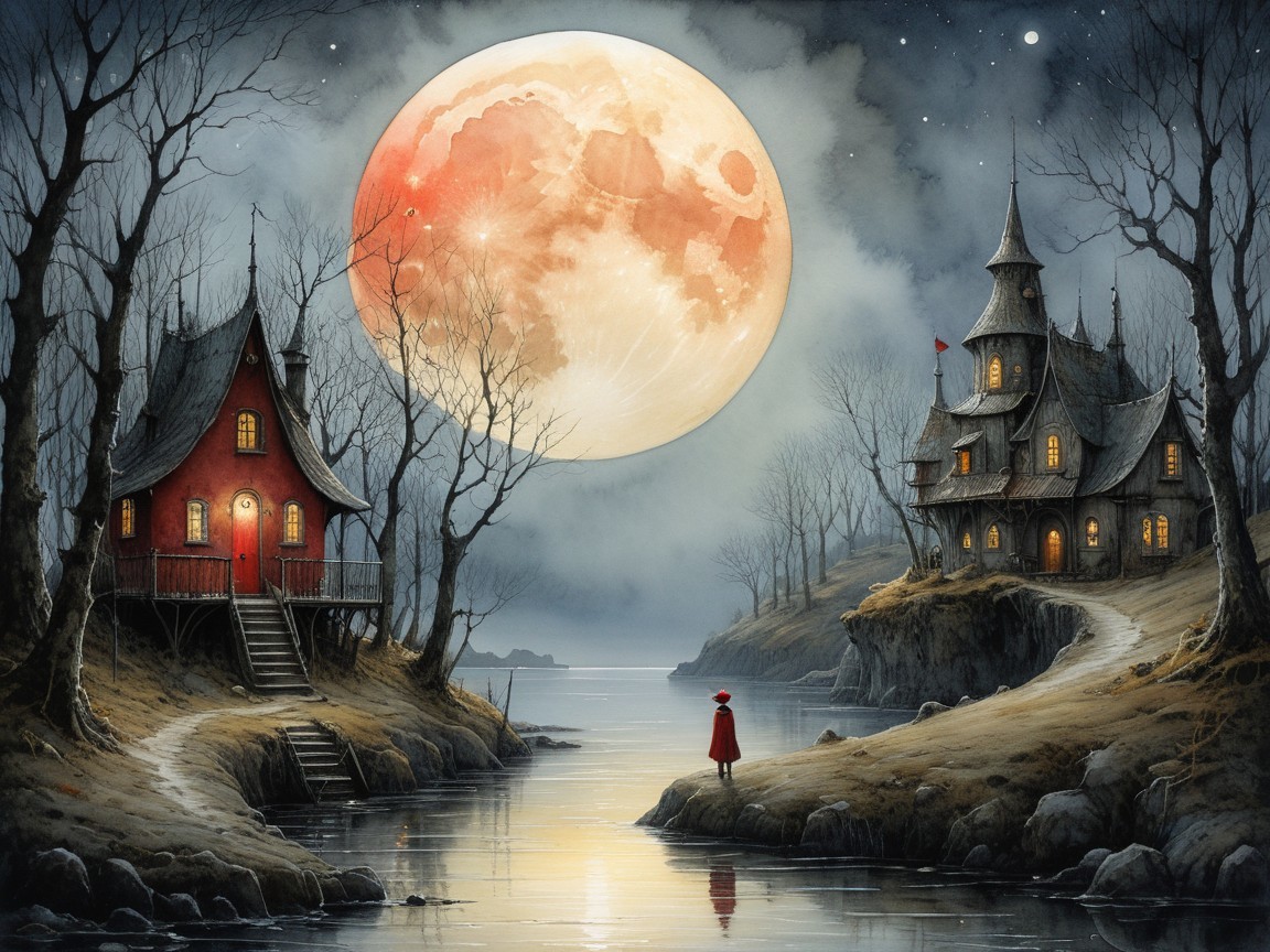 Tranquil River Scene Under Full Moon with Houses