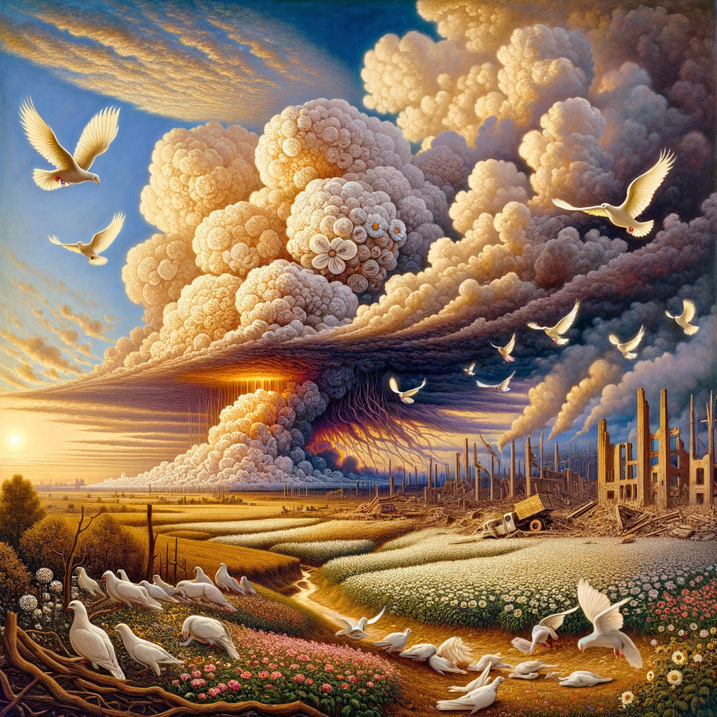 Surreal Landscape of Ruins with Hopeful Elements
