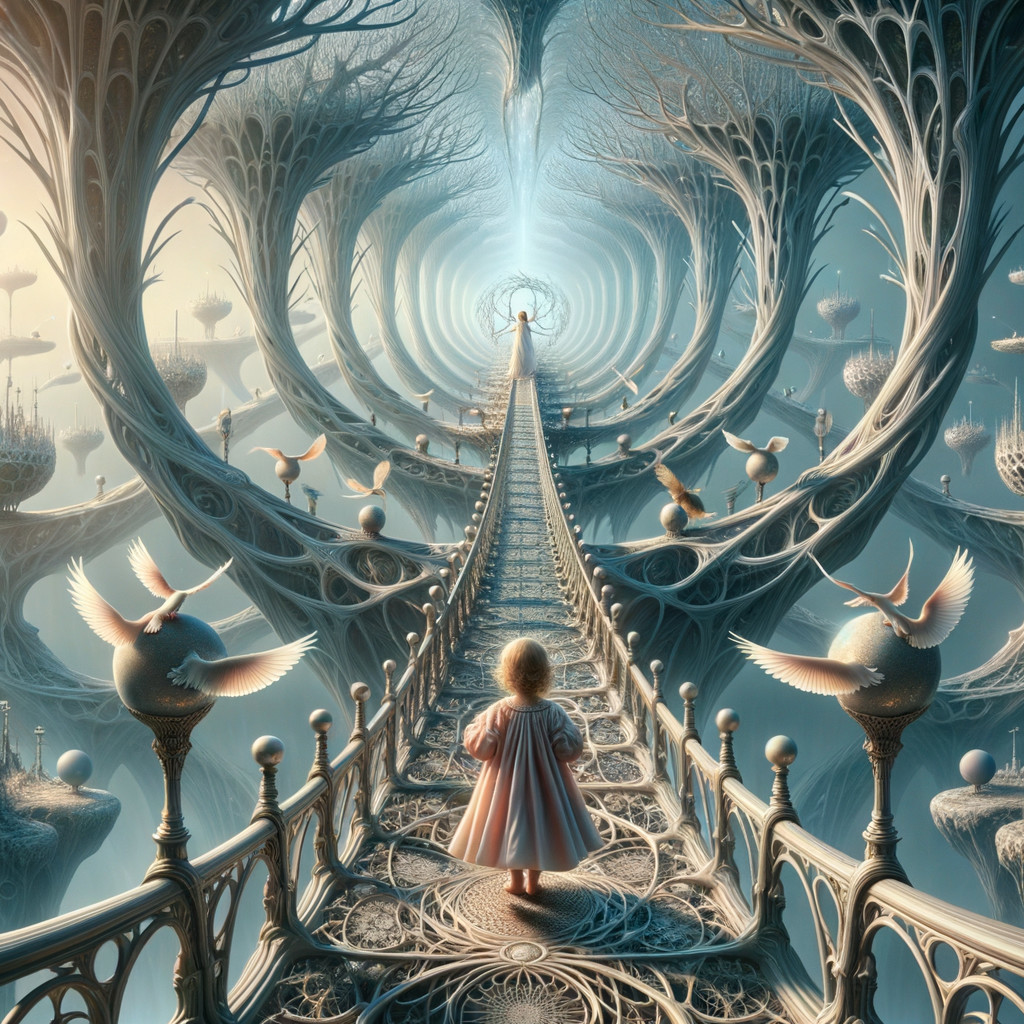 Dreamlike Landscape with Spiraling Bridge and Trees