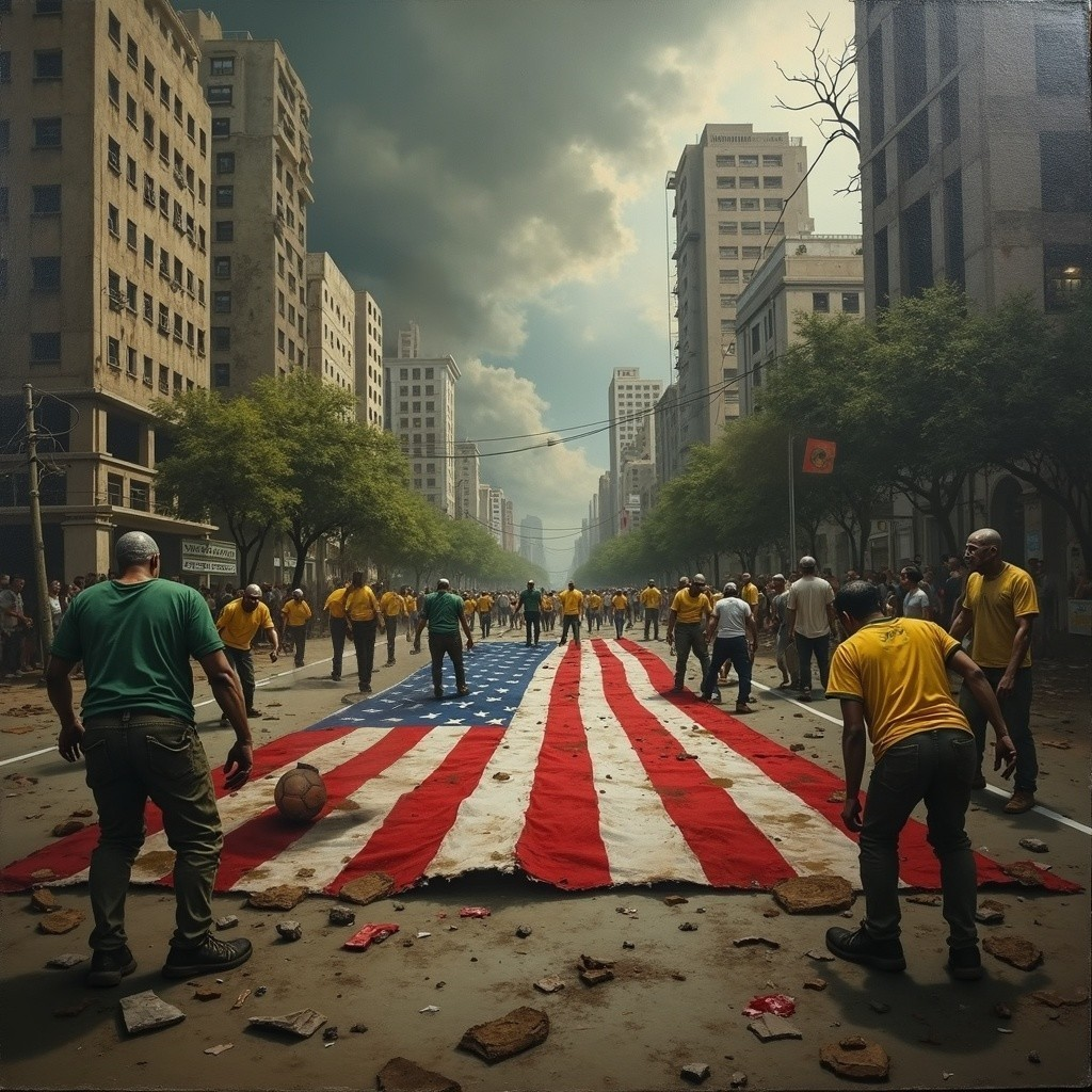 Urban Street Scene with American Flag and Activities