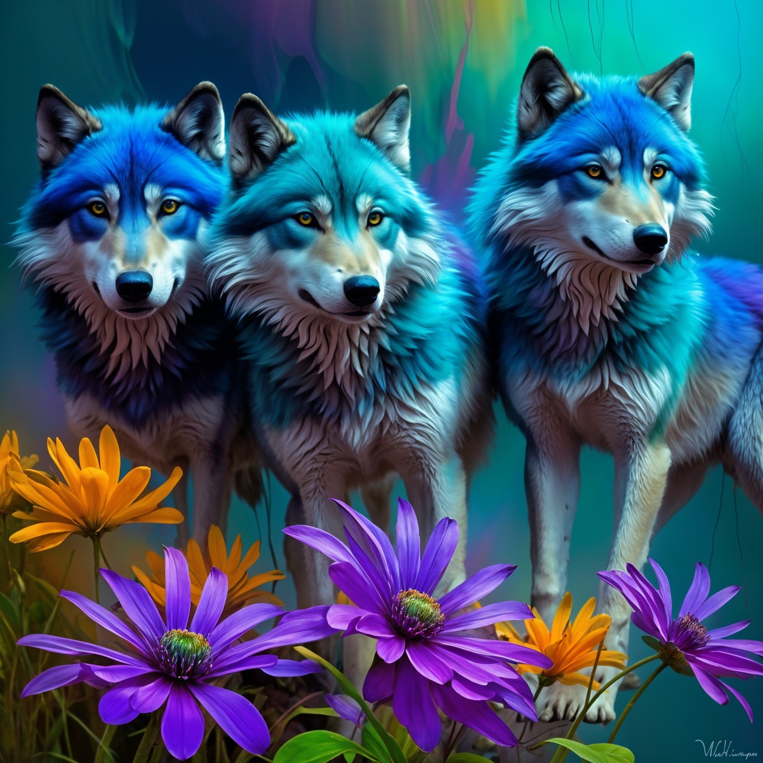 Wolves with Blue Fur in a Flower Field Scene