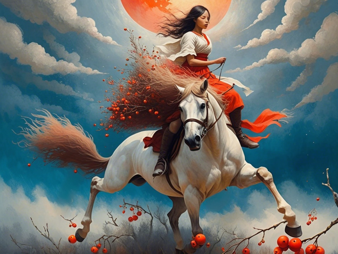 Woman in Red Dress Riding White Horse at Sunset