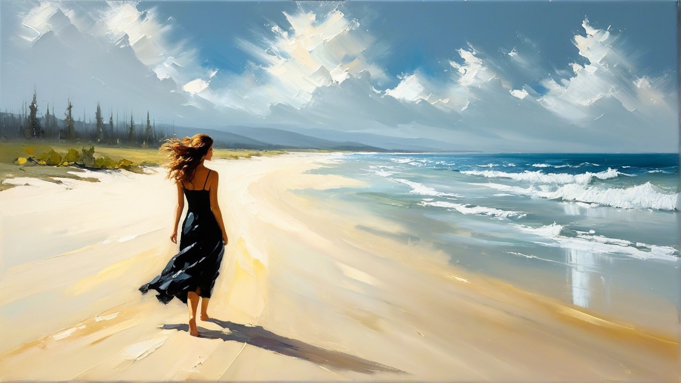 Woman in Black Dress on Serene Beach with Waves
