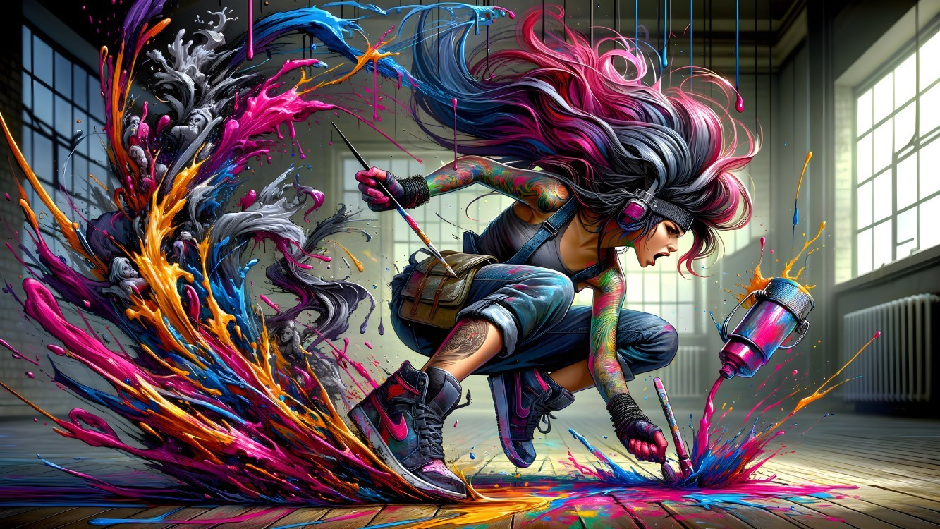 Dynamic Scene of Female Artist Creating with Colorful Paint