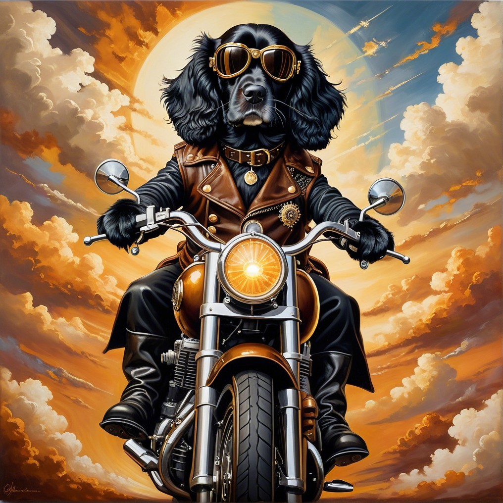 Stylish Dog on Motorcycle Against Dramatic Sunset