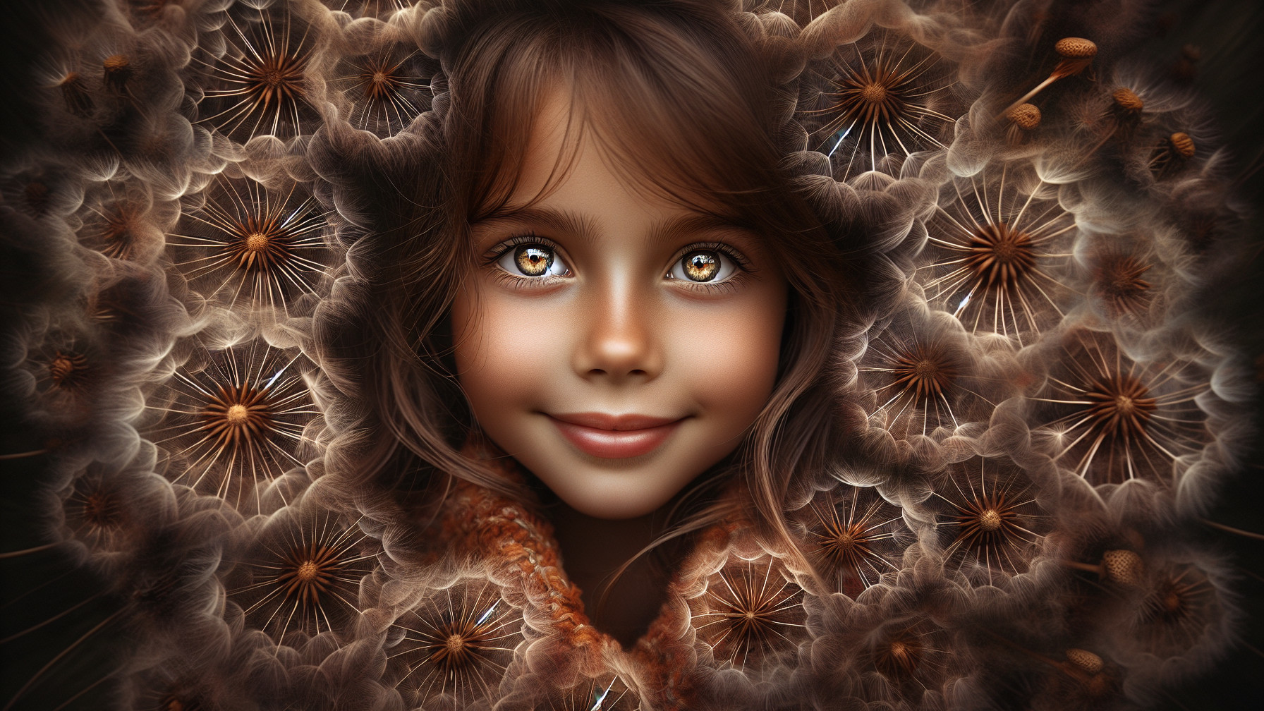 Young girl with golden eyes and dandelion patterns