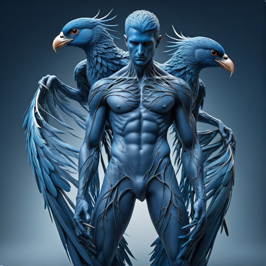Muscular Blue Figure with Eagle Heads and Wings