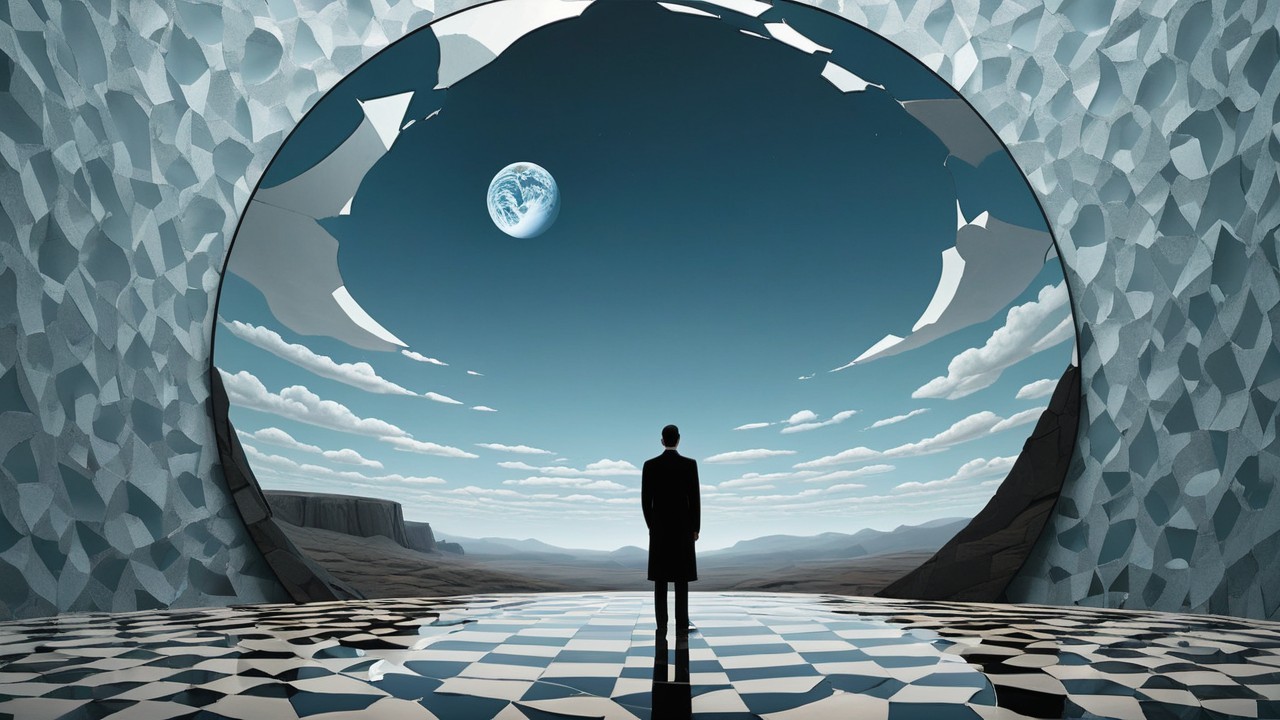 Solitary Figure in Surreal Geometric Room with Earth View