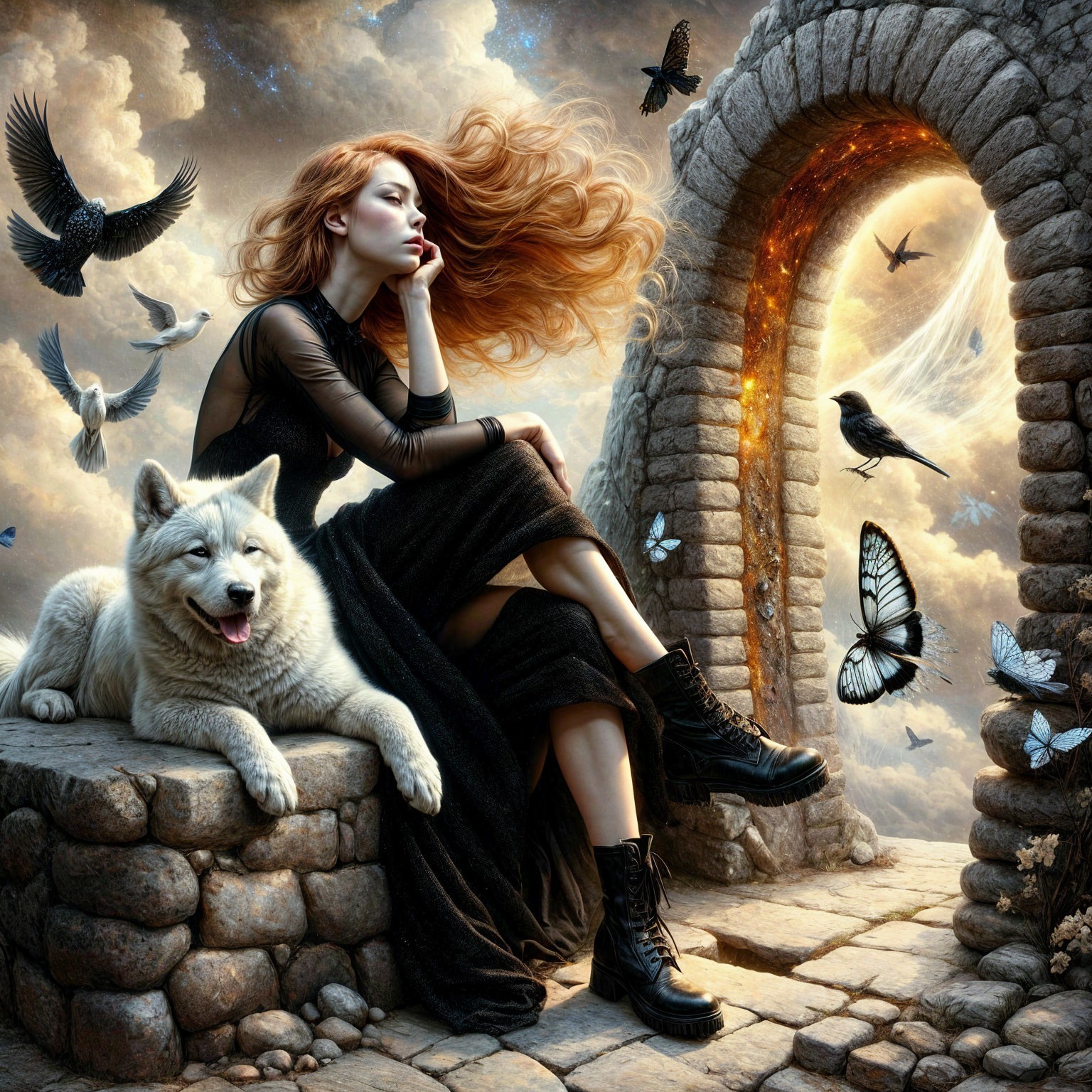 Contemplative Woman and Wolf by Stone Archway
