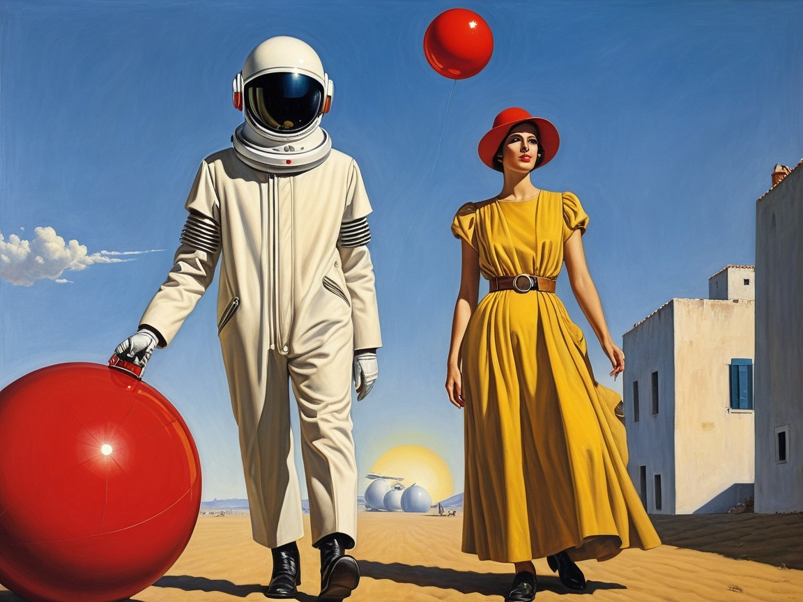 Astronaut and Woman with Balloons in Surreal Landscape