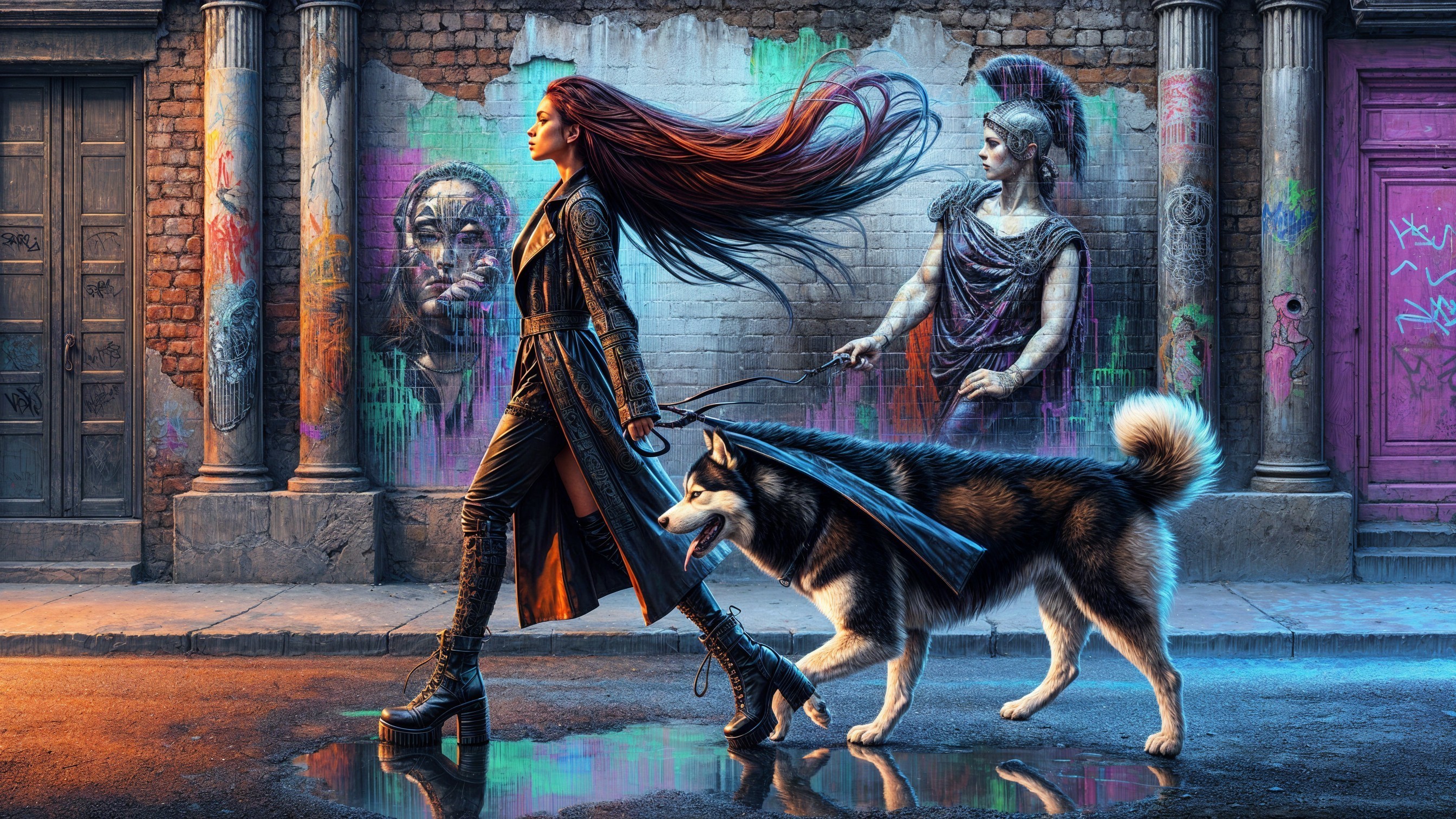 Young Woman Walking Husky in Urban Graffiti Scene