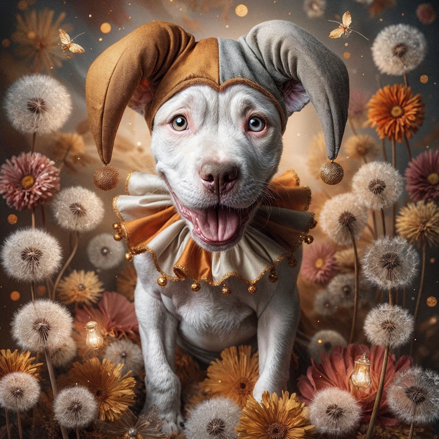 Playful White Puppy in Jester Hat Amidst Flowers