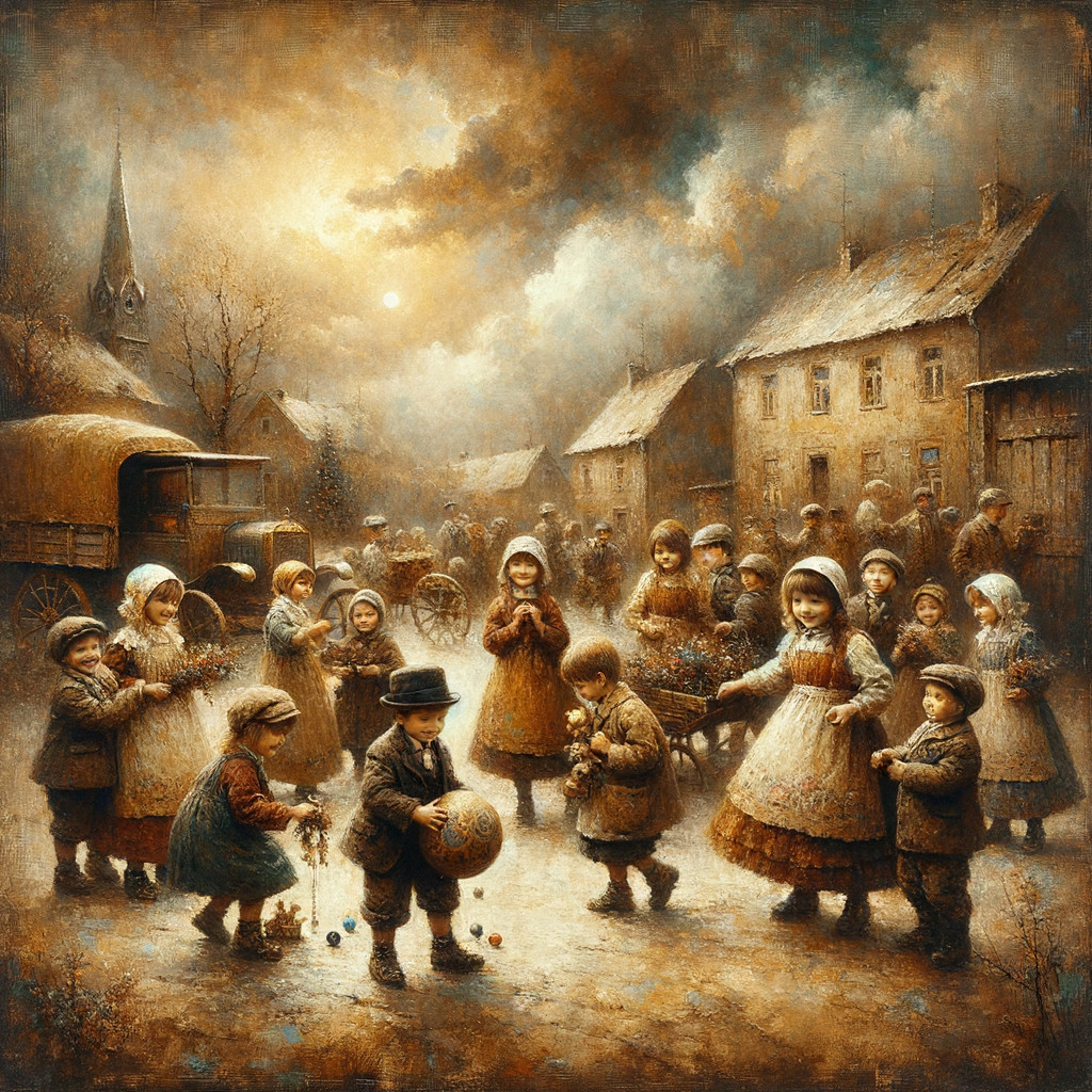 Lively Village Scene with Children Playing in Sepia