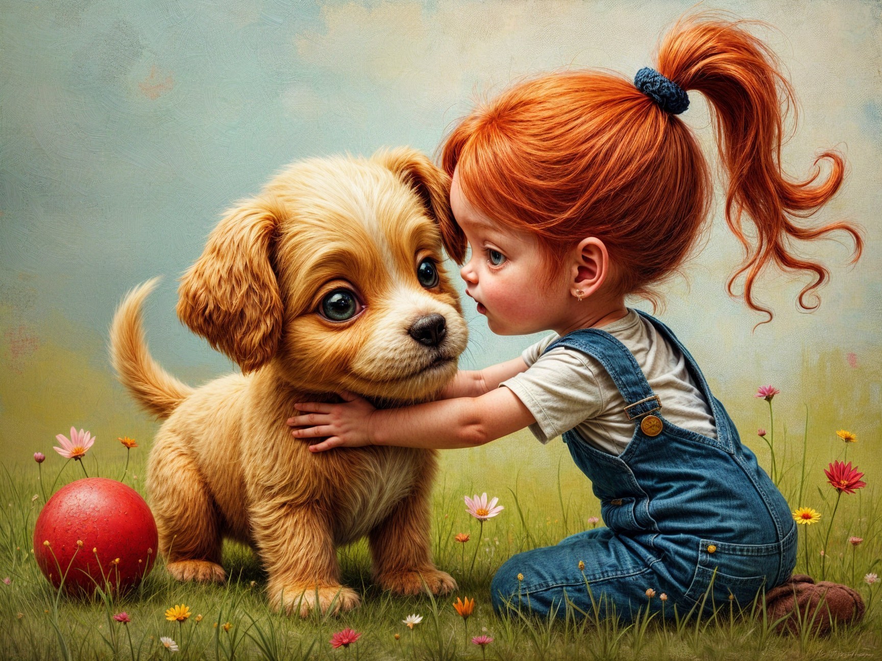 Cheerful Girl with Red Hair and Golden Puppy in Field