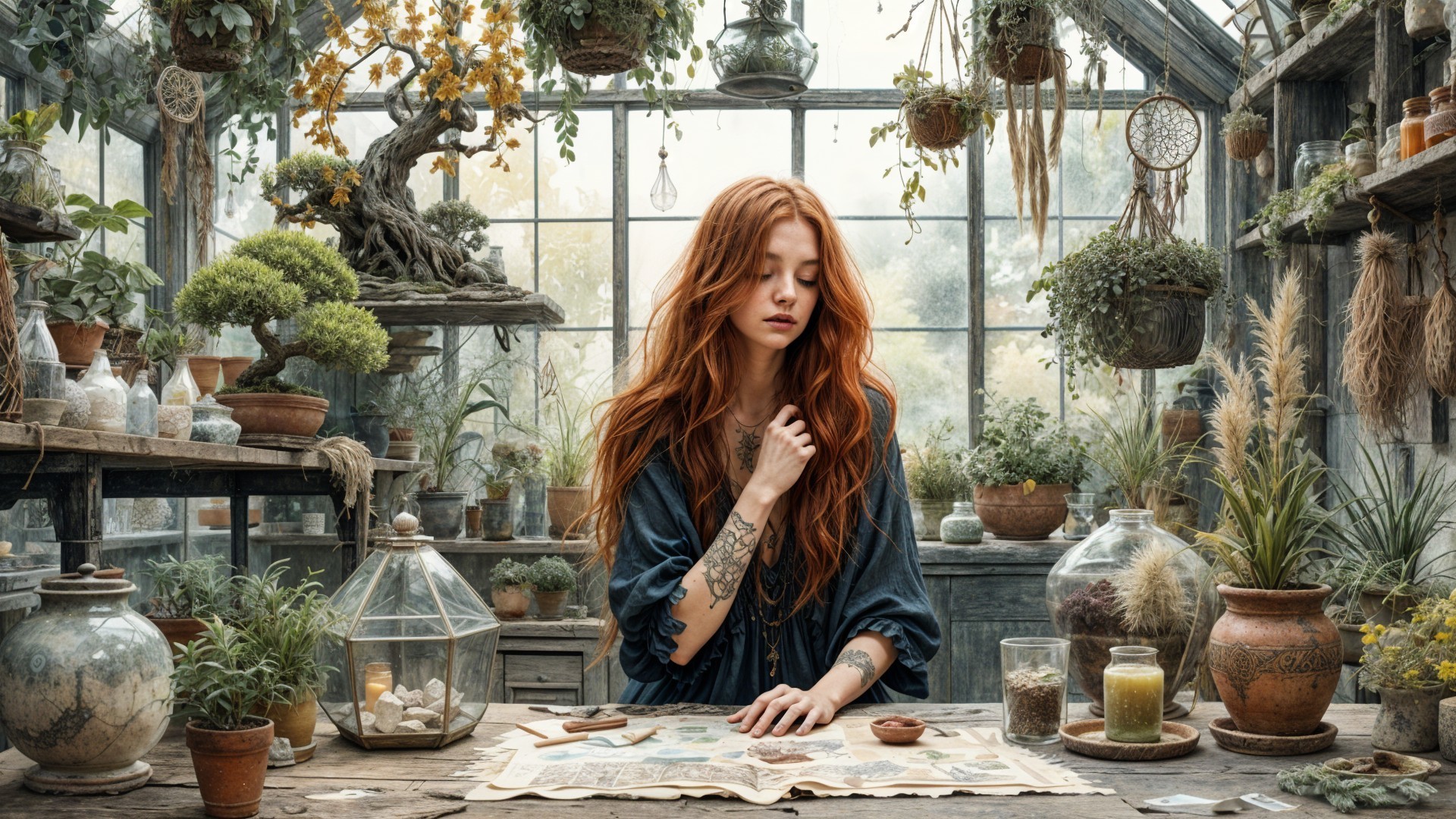 Young woman in greenhouse with map and plants