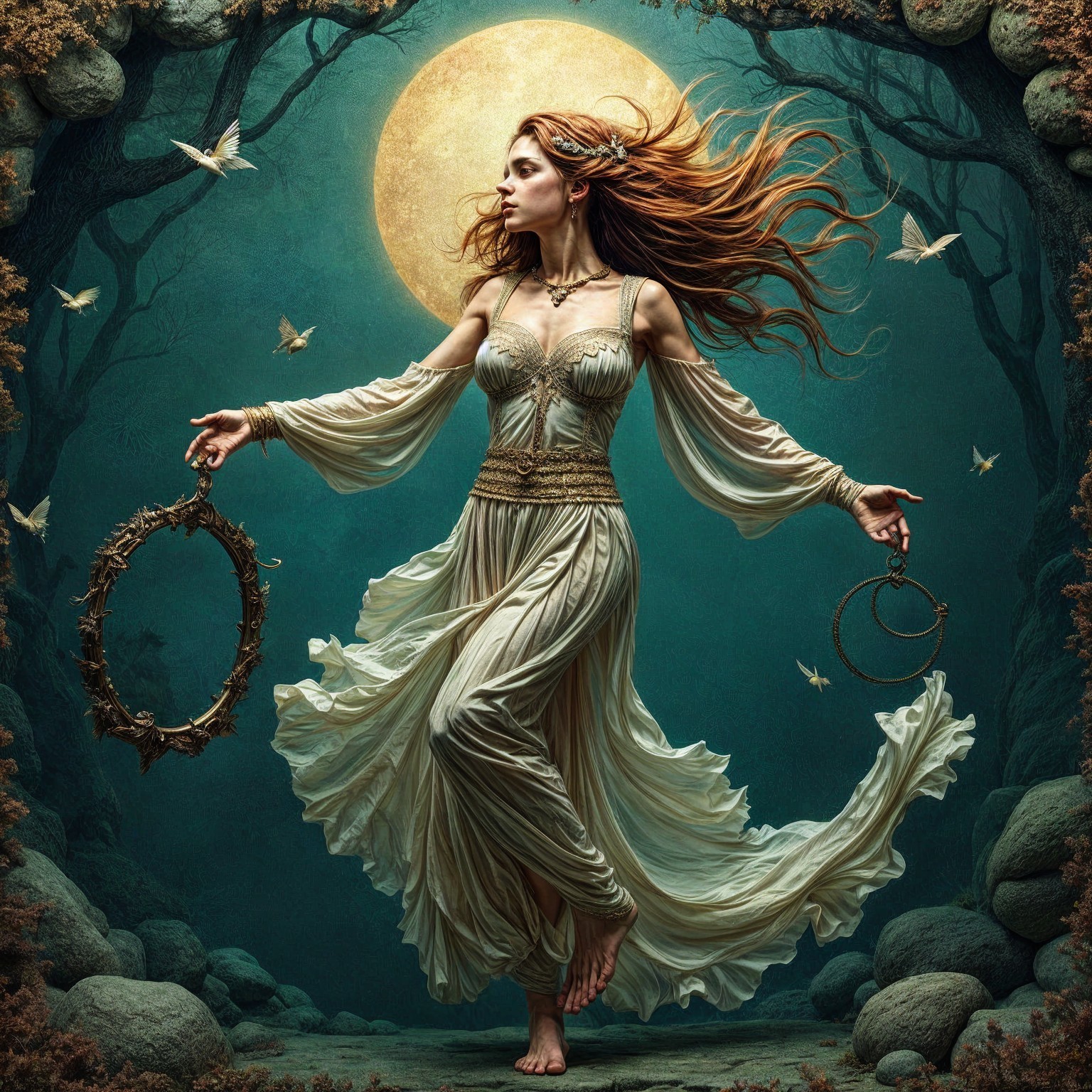 Mystical Figure Dancing Under a Full Moon in Forest