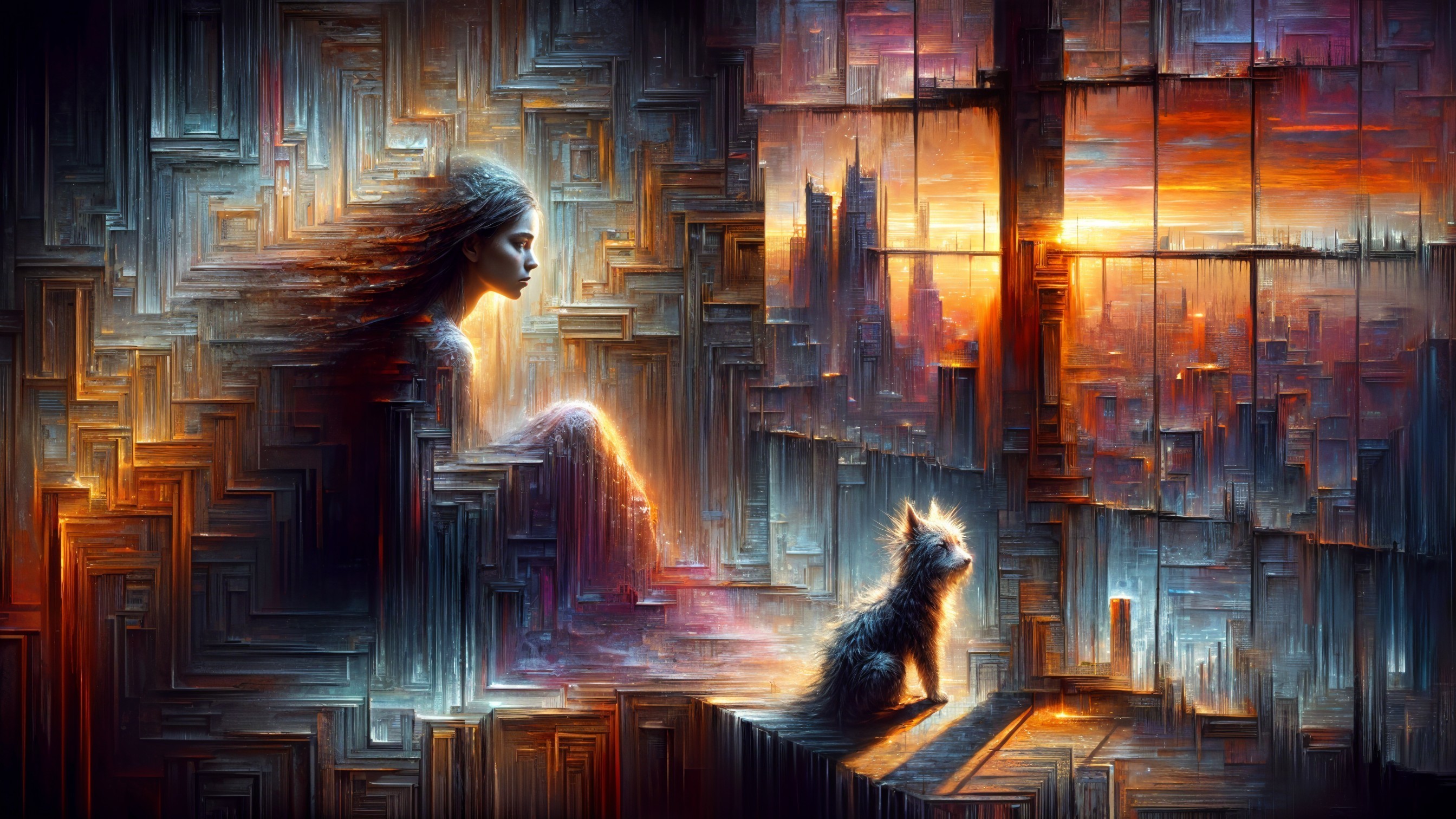 Contemplative Girl and Dog by Window at Sunset