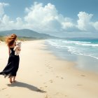 Woman in Black Dress on Serene Beach with Waves