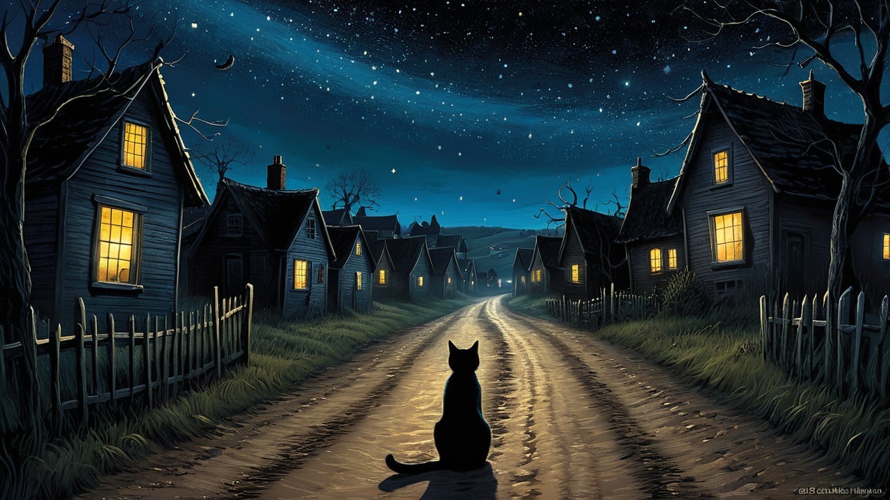 Moonlit Village Scene with Black Cat and Starry Sky