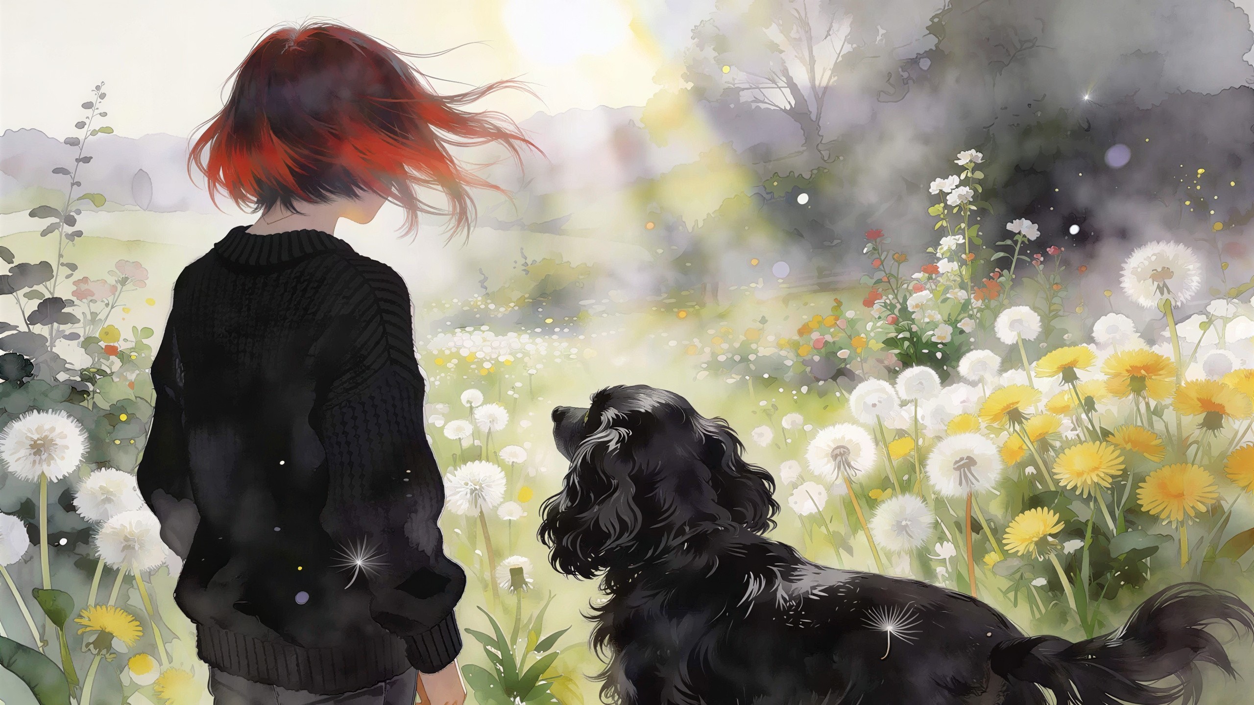 Watercolor Illustration of Woman and Dog in Field