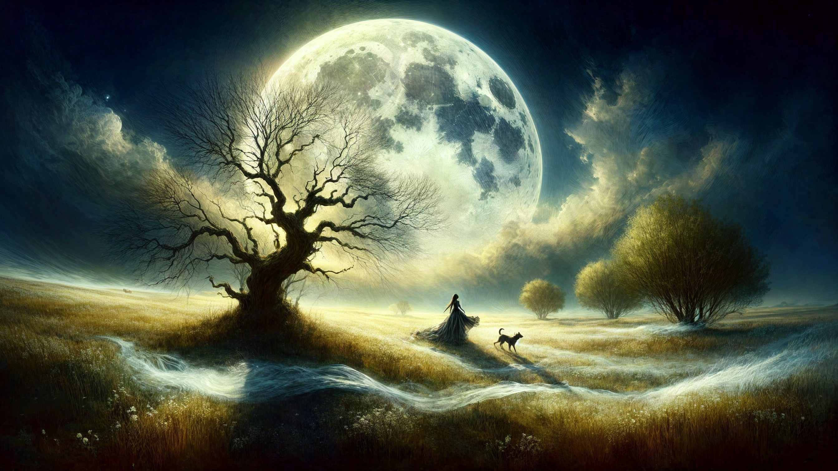 Luminous Moonlit Landscape with Tree and Figure