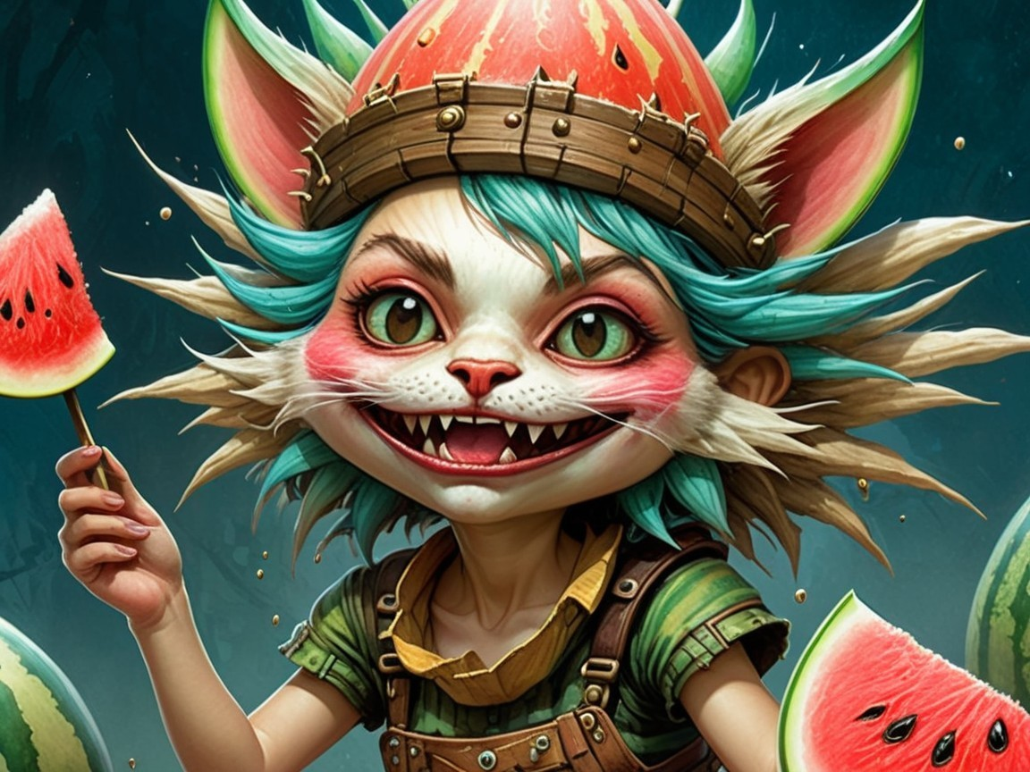 Whimsical Feline Character in Watermelon Garden Scene