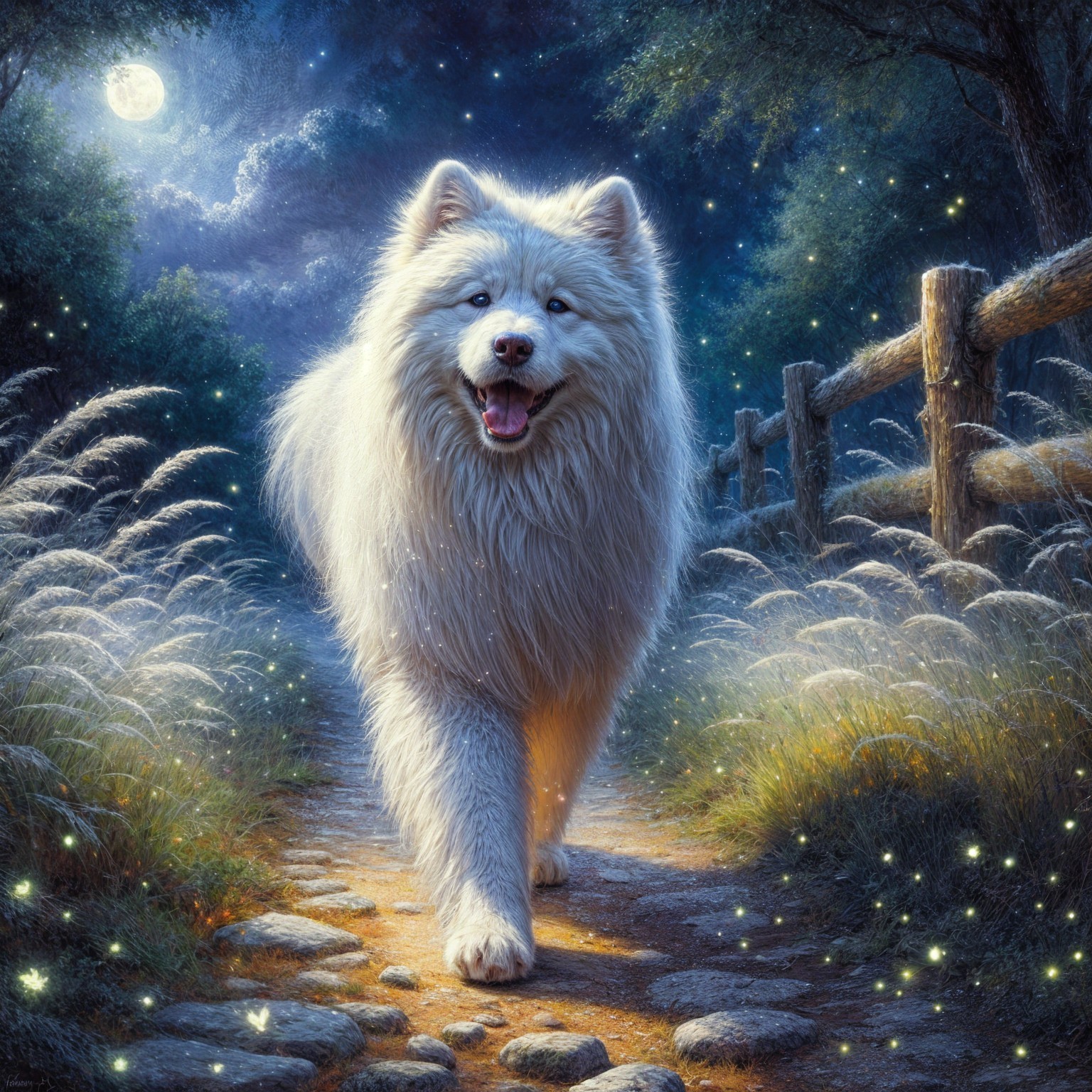Samoyed Dog on Stone Path in Moonlit Setting