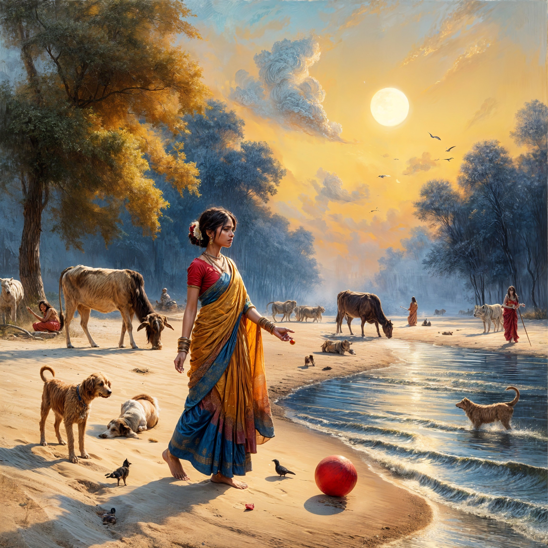 Serene Rural Scene with Girl by River at Dusk