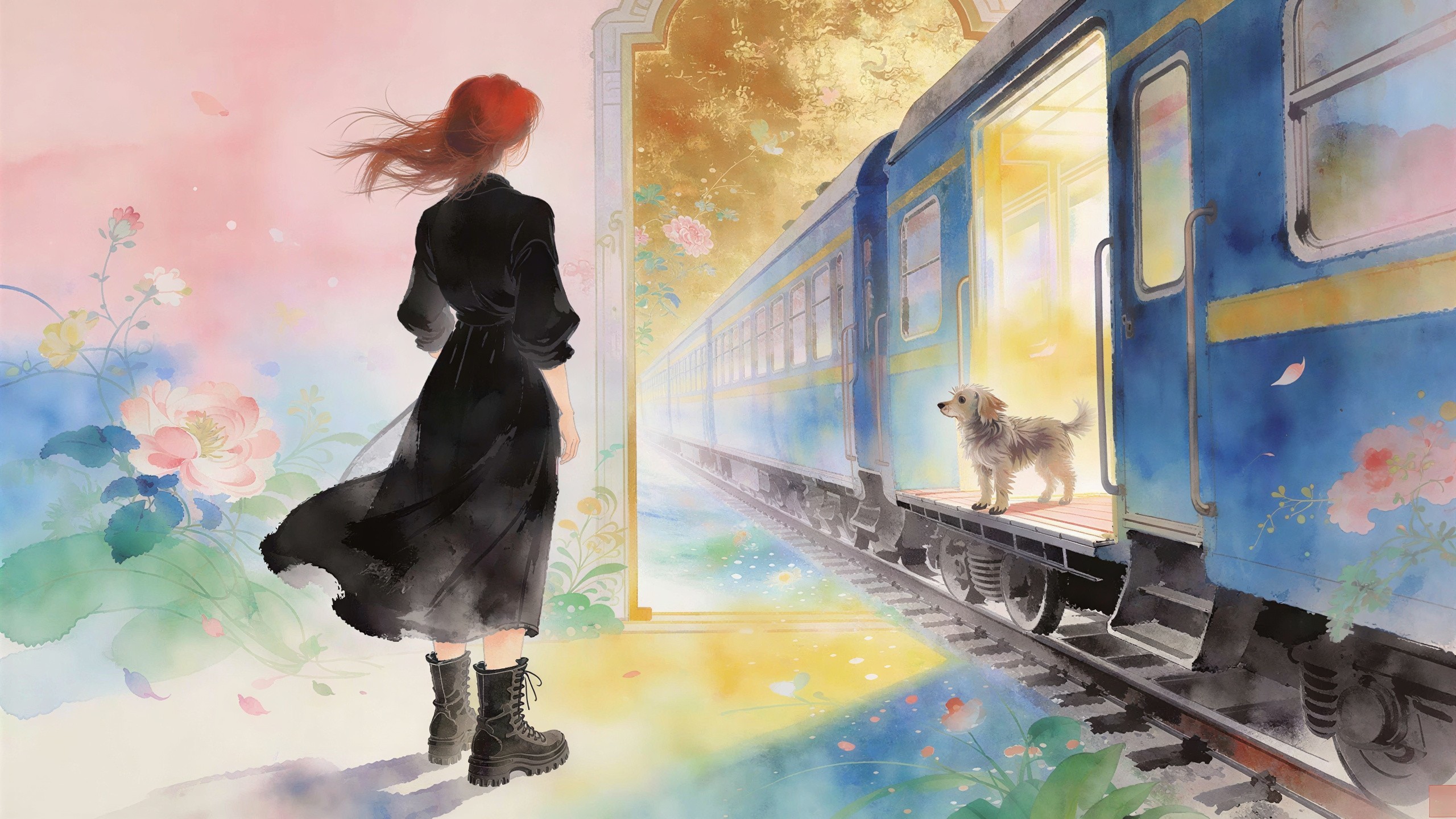 Watercolor Painting of a Woman by a Blue Train